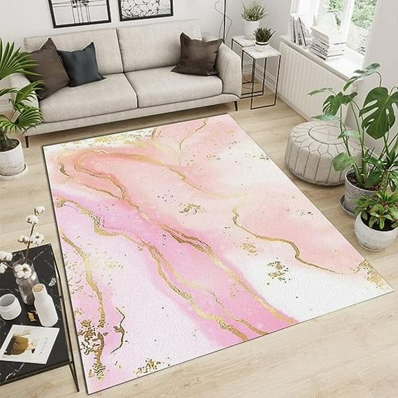 Pink Marble Area Rug, Ladies Phnom Penh White Gold Powder Carpet Outdoor Indoor Washable Rug, Art Floor Mat Indoor Rugs Soft Mats For Bedroom Living Room Nursery Children'S Room 5' x 7'