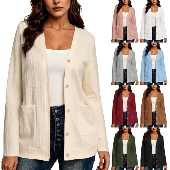 Lixiuxyad Women Long Sleeve Open Front Cardigan Knit Button Up Cardigan with Pockets Fall Outfits,Beige