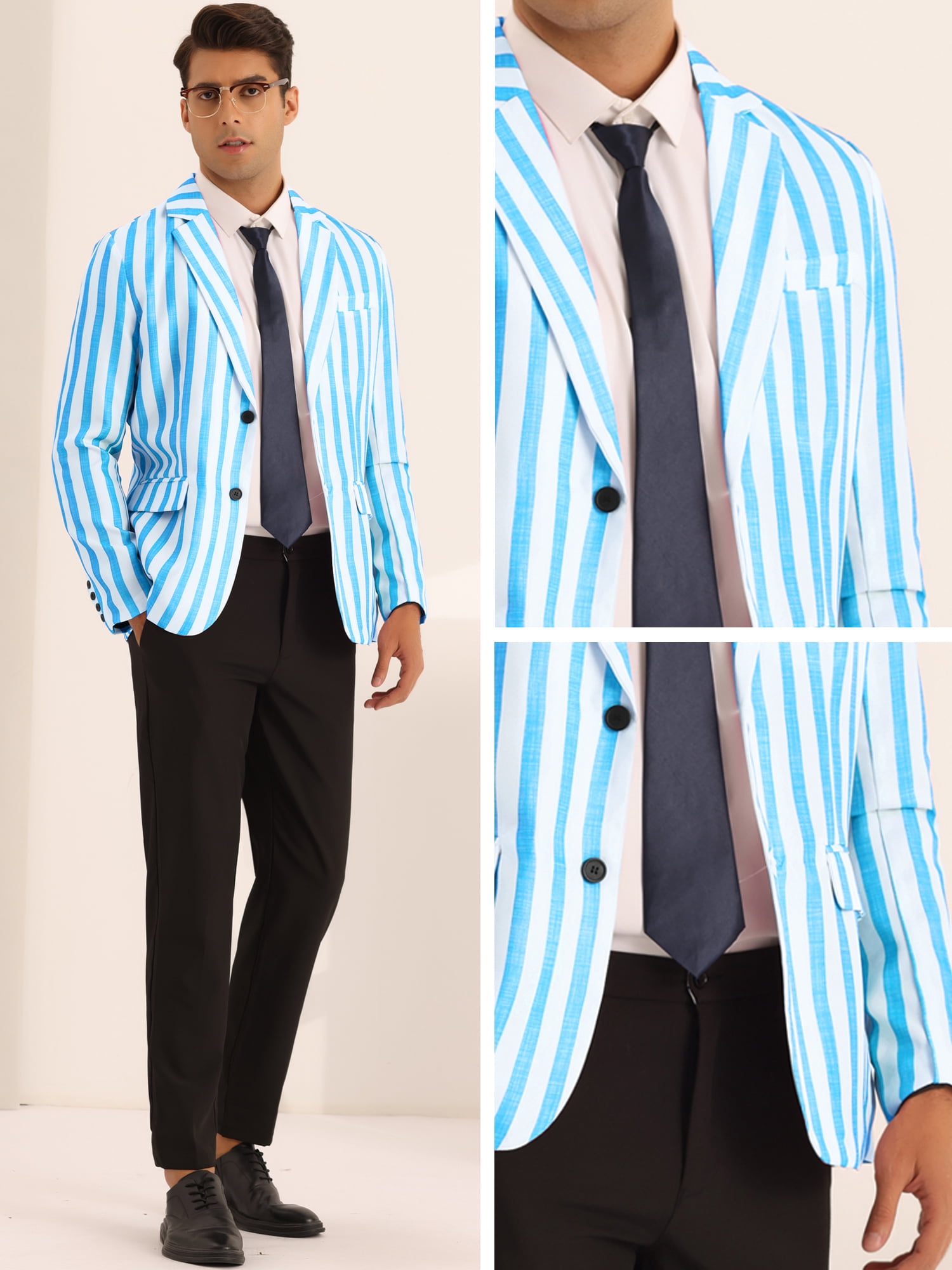 Unique Bargains Men's Sports Coat Notch Lapel Color Block Stripes Pattern Blazer M Blue