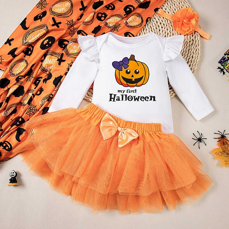 Krdevn Toddler Girls Halloween Outfit Set Pumpkin Print Romper