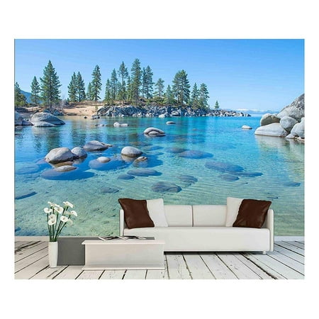 wall26 - Beautiful Blue Clear Water on The Shore of The Lake Tahoe - Removable Wall Mural | Self-Adhesive Large Wallpaper - 100x144 (Best Way To Clean Wallpaper)