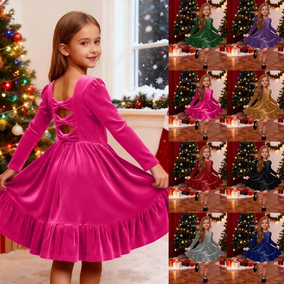 Girls Long Sleeve Velvet Dress Crew Neck Bow Back Princess Dress Ruffle Hem Formal A-Line Dresses Vintage Christmas Party Dress