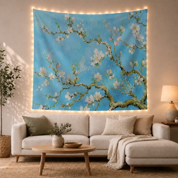 Almond Blossom Tree with Gnarled Branches on Blue Sky, Serene Maximalist for Flower Lovers, Botanical Art, Housewarming Gift, Tapestry Wall Hanging for Bedroom and Living Room