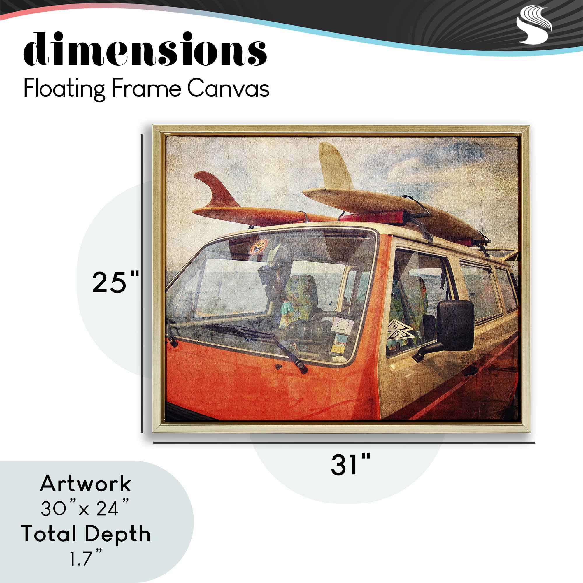 Stupell Industries Surf Bus Vintage Distressed Gold Framed Floater Canvas Wall Art, design by Grotto Studios