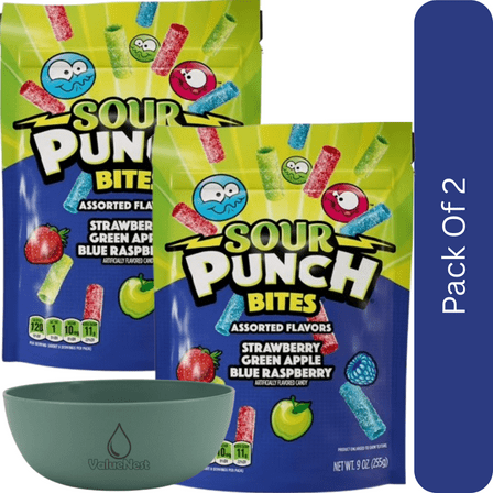 Sour Punch Bites Assorted Flavors Candy, Resealable Bag, 9 oz-2pk, With Olive Green Bowl By ValueNest