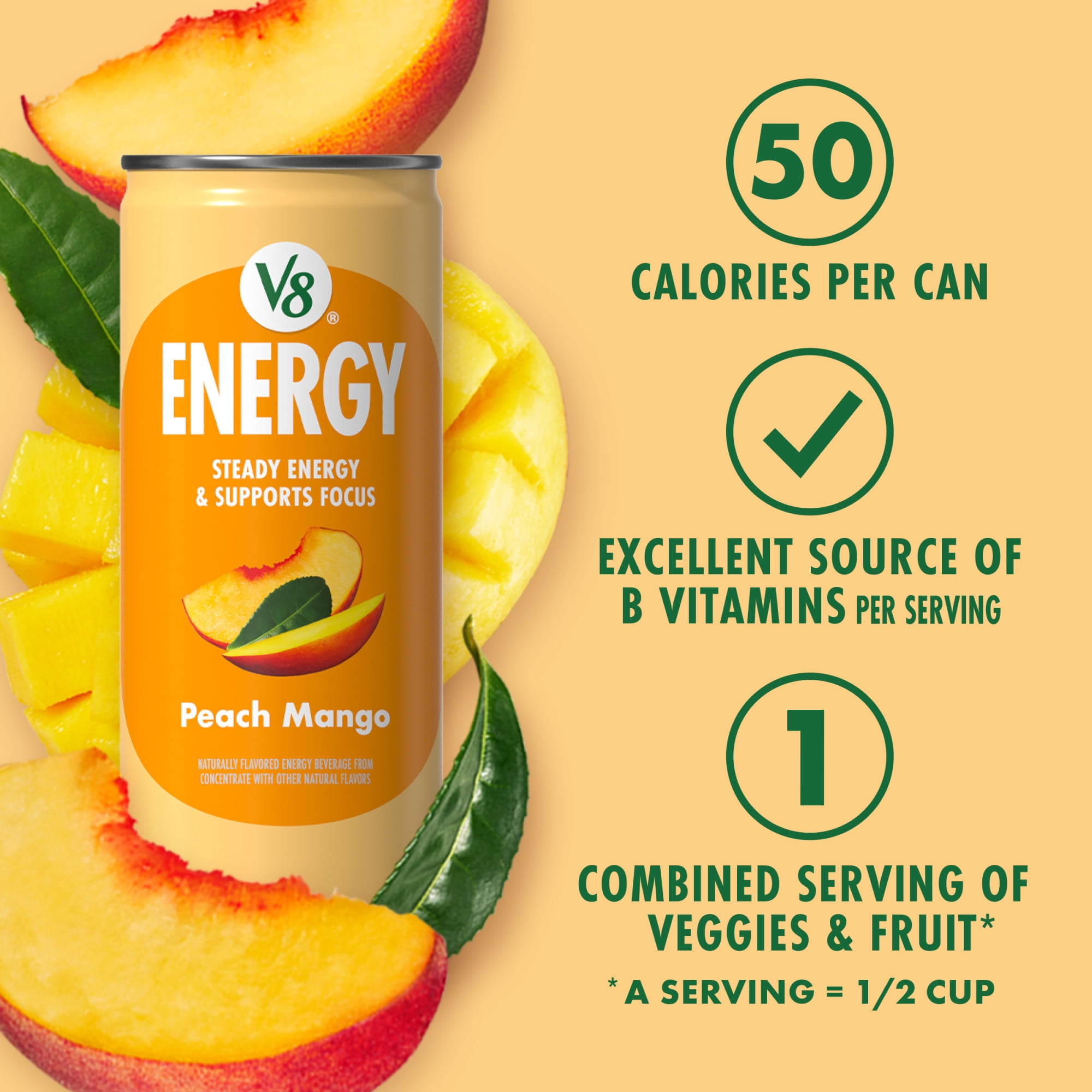 (2 pack) V8 Energy Peach Mango Energy Drink, 8 fl oz Can (24 Pack)