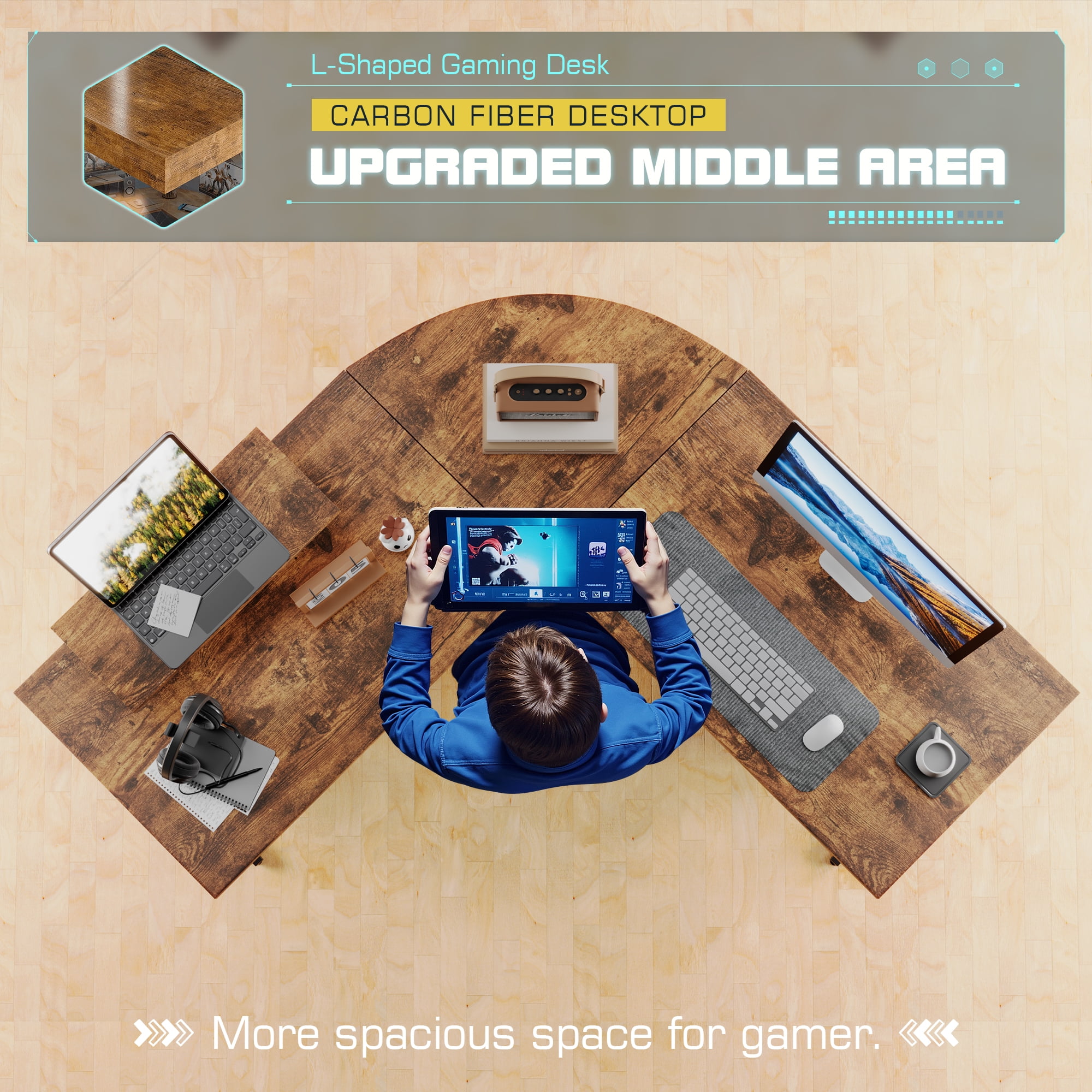 Homall L-Shaped Gaming Desk 51.2 Inches Corner Office Gaming Desk with Removable Monitor Riser, Classical Brown