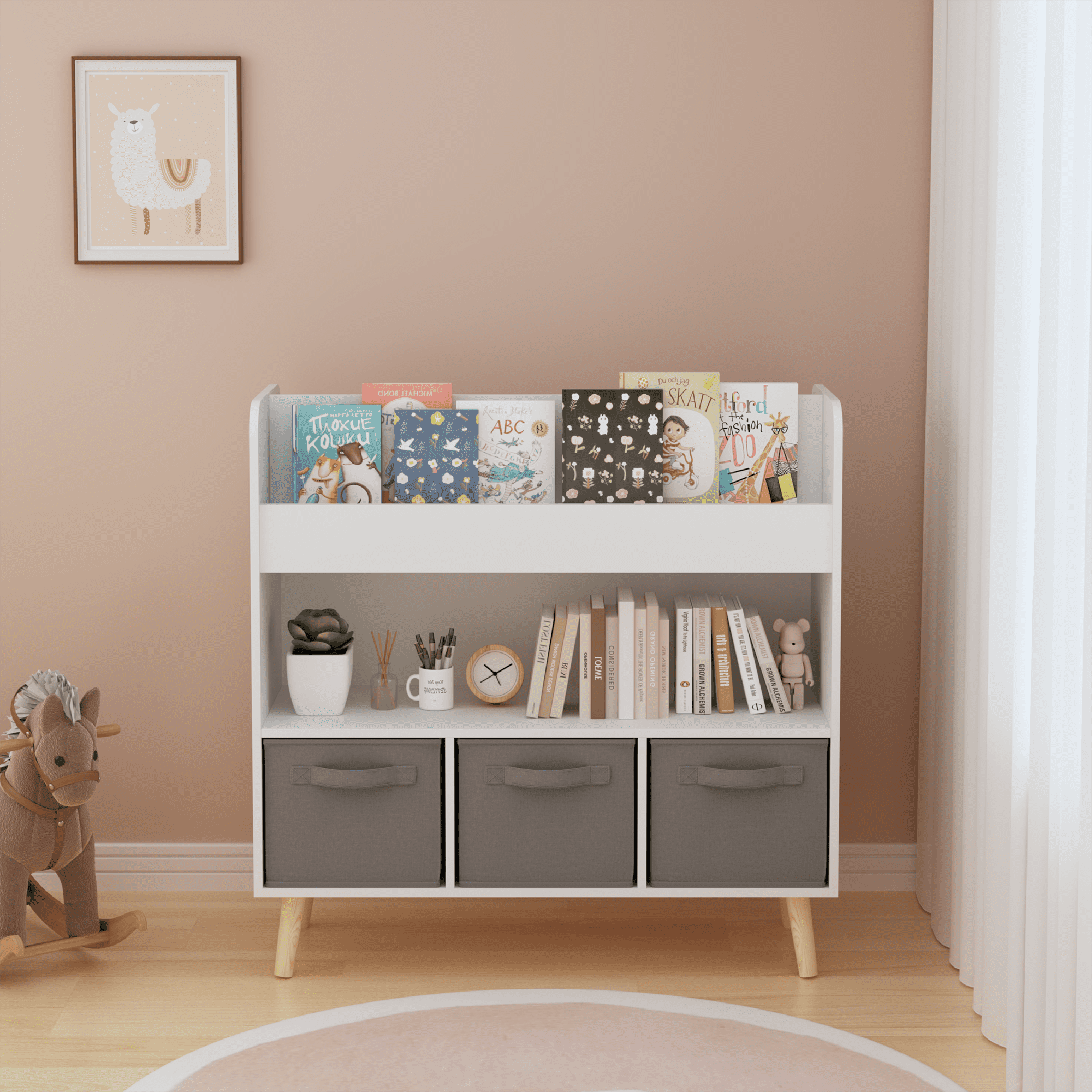 Kids Bookshelf with 3 Removable Fabric Bins, 4 Open Display Shelves, Wooden Toy & Book Organizer for Playroom Bedroom Nursery