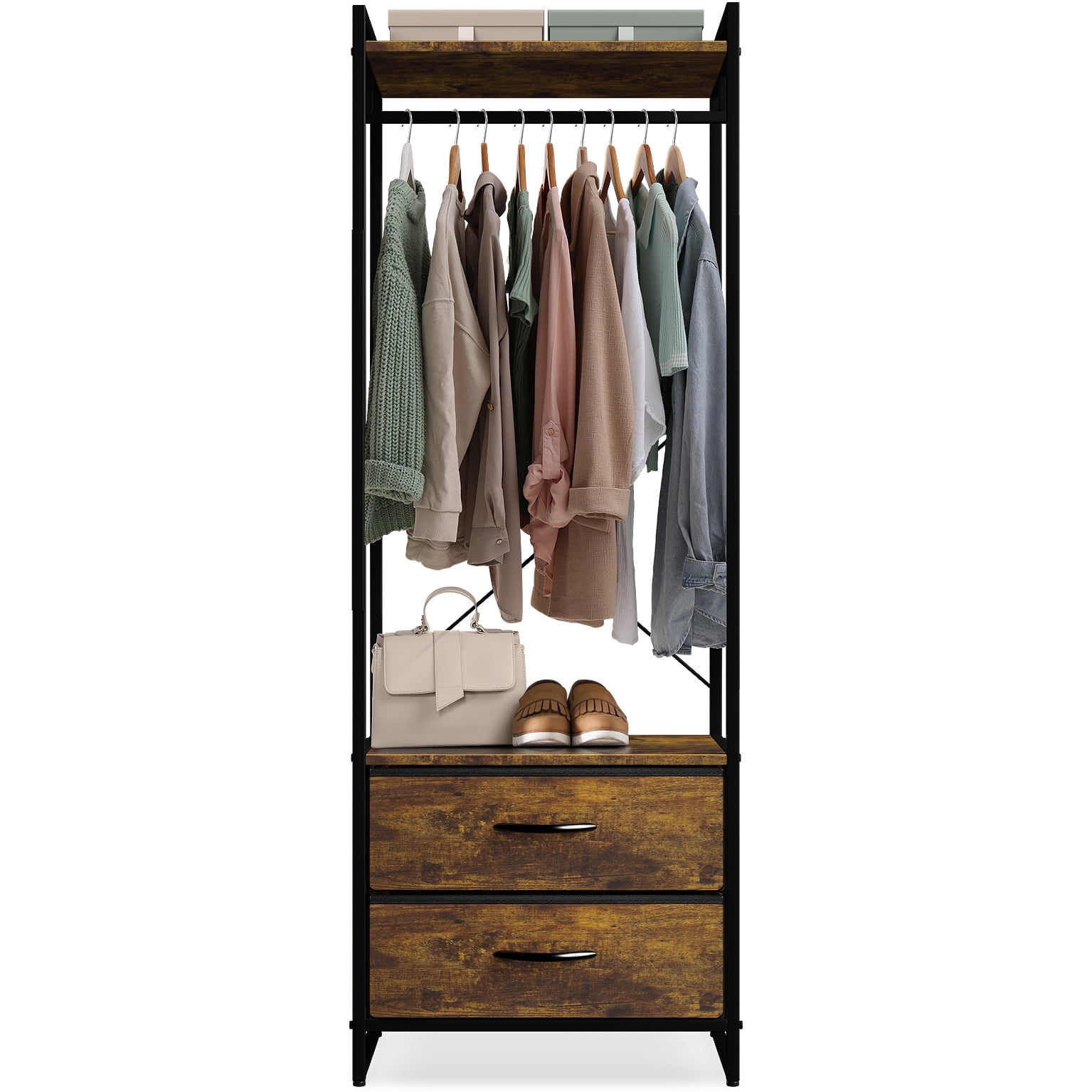 Sorbus Clothing Rack with 2 Drawers, Wood Top, Steel Frame, Rustic Brown