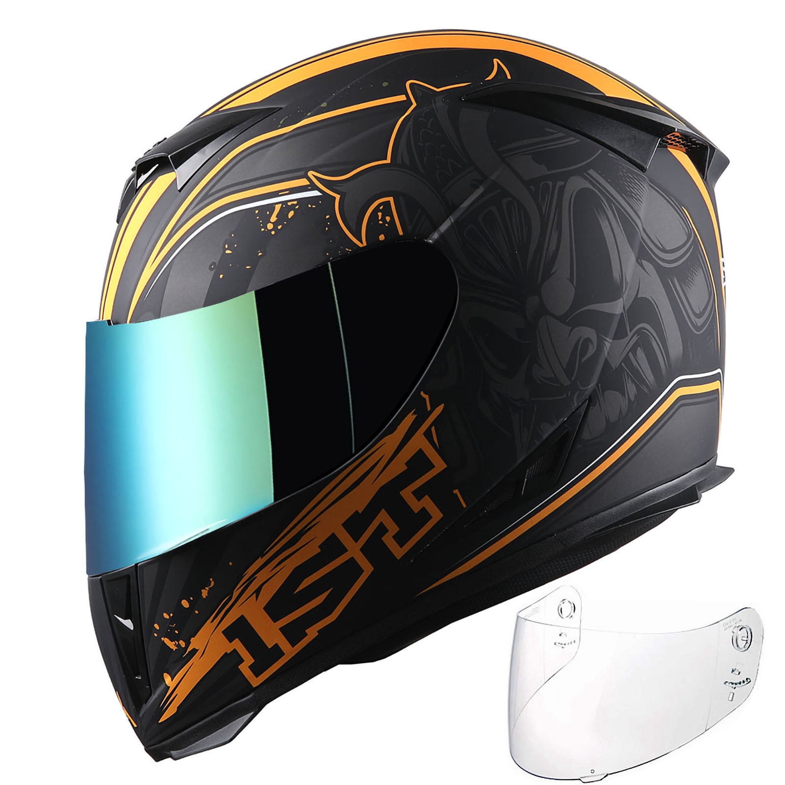 1Storm Motorcycle Full Face Helmet Street Bike Skull King HJK311 + One Extra Clear Shield; Skull Orange