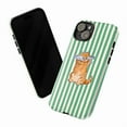 thumbnail image 3 of Cute Orange Tabby Cat Phone Case with Fish, Playful Cartoon Design on Green Striped Background, Durable Protective Cover for iPhone 16 15 14 13 12 11 Pro Plus Mini, 3 of 6