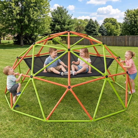 Naipo 10FT Climbing Dome with Hammock Swing 500 LBS Heavy Duty Climbing Set Outdoor Backyard Playground Jungle Gym Orange & Green