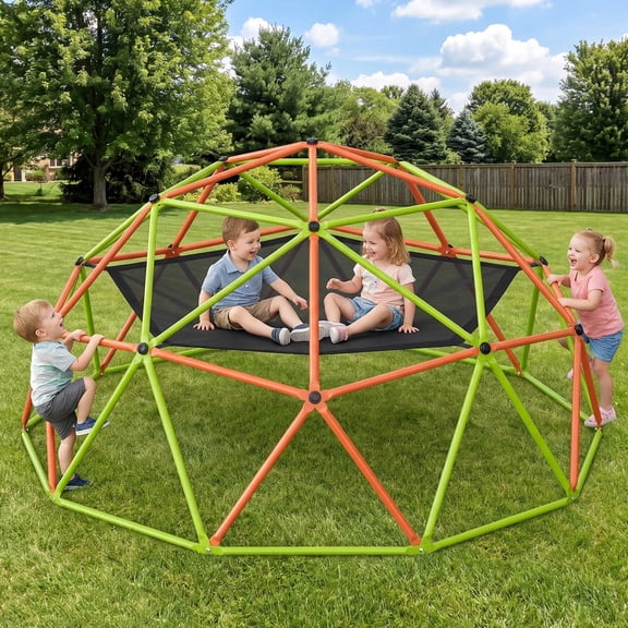 Naipo 10FT Climbing Dome with Hammock Swing 500 LBS Heavy Duty Climbing Set Outdoor Backyard Playground Jungle Gym Orange & Green