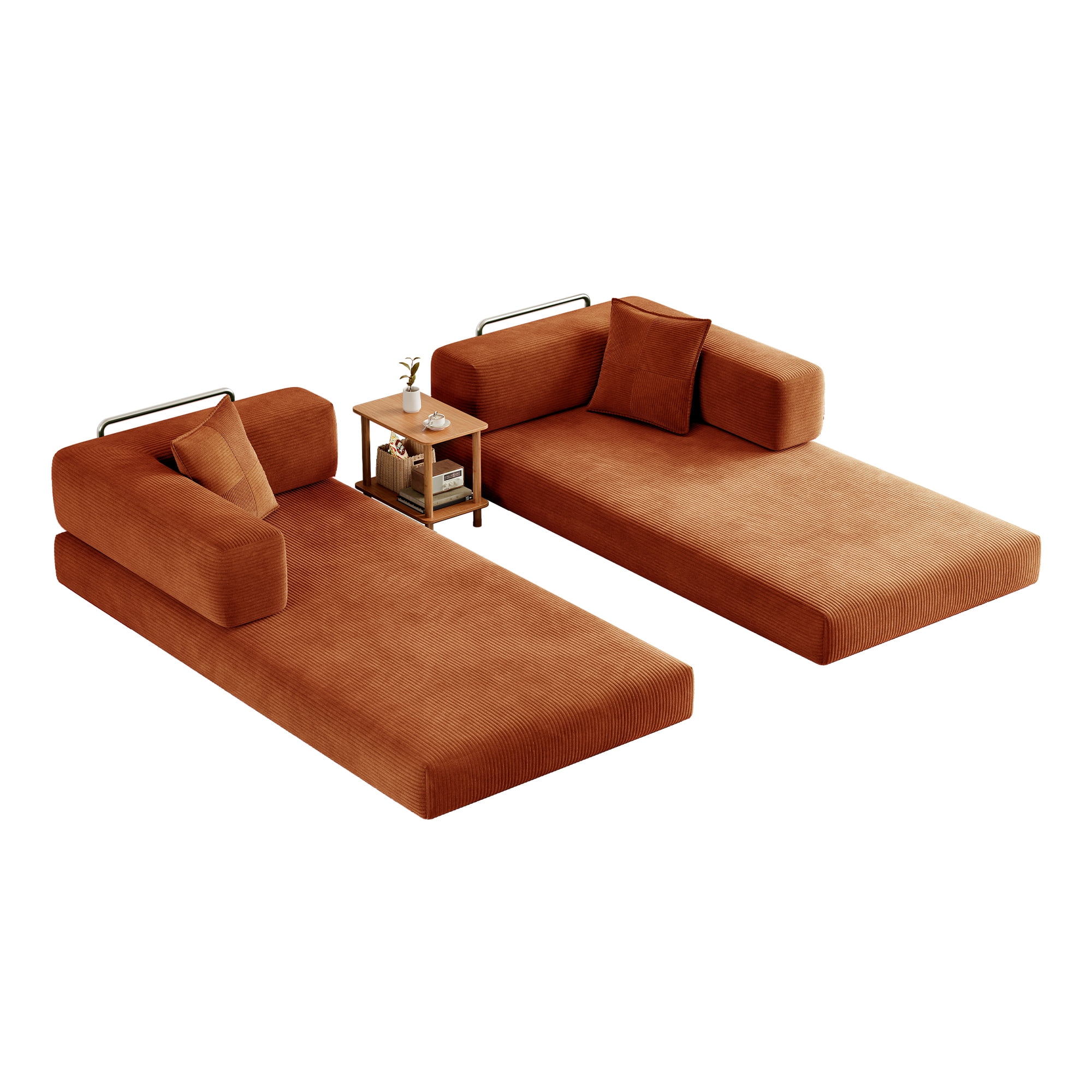 Leumius 79 Inch Convertible Sofa Bed,5-in-1 Corduroy Floor Sofa with High-Density Foam,Metal Back and Arm Supports, Washable Cover and Side Pockets,Orange