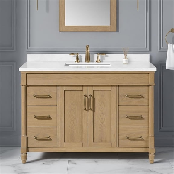Pemberly Row 48" Natural Birch Bathroom Vanity with White Countertop