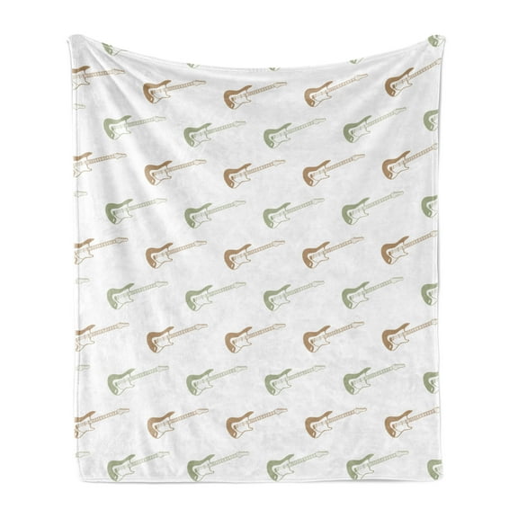 Music Soft Flannel Fleece Throw Blanket, Diagonally Designed Electronic Guitar Silhouettes on a Plain Background, Cozy Plush for Indoor and Outdoor Use, 50" x 70", Camel White and Green, by Ambesonne