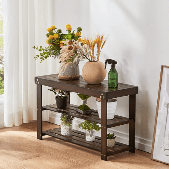 Bamboo Shoe Rack Bench, 3 Tier Sturdy Shoe Bench, Storage Shoe Organizer, Holds up to 300lbs for Entryway Bedroom Living Room Balcony, Brown