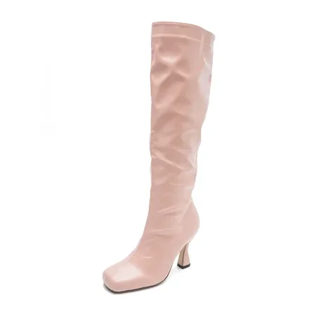 

Women‘s Chunky High Heel Knee High Boots Zipper PU Leather Square Toe Slip On Shoes Women‘s Footwear