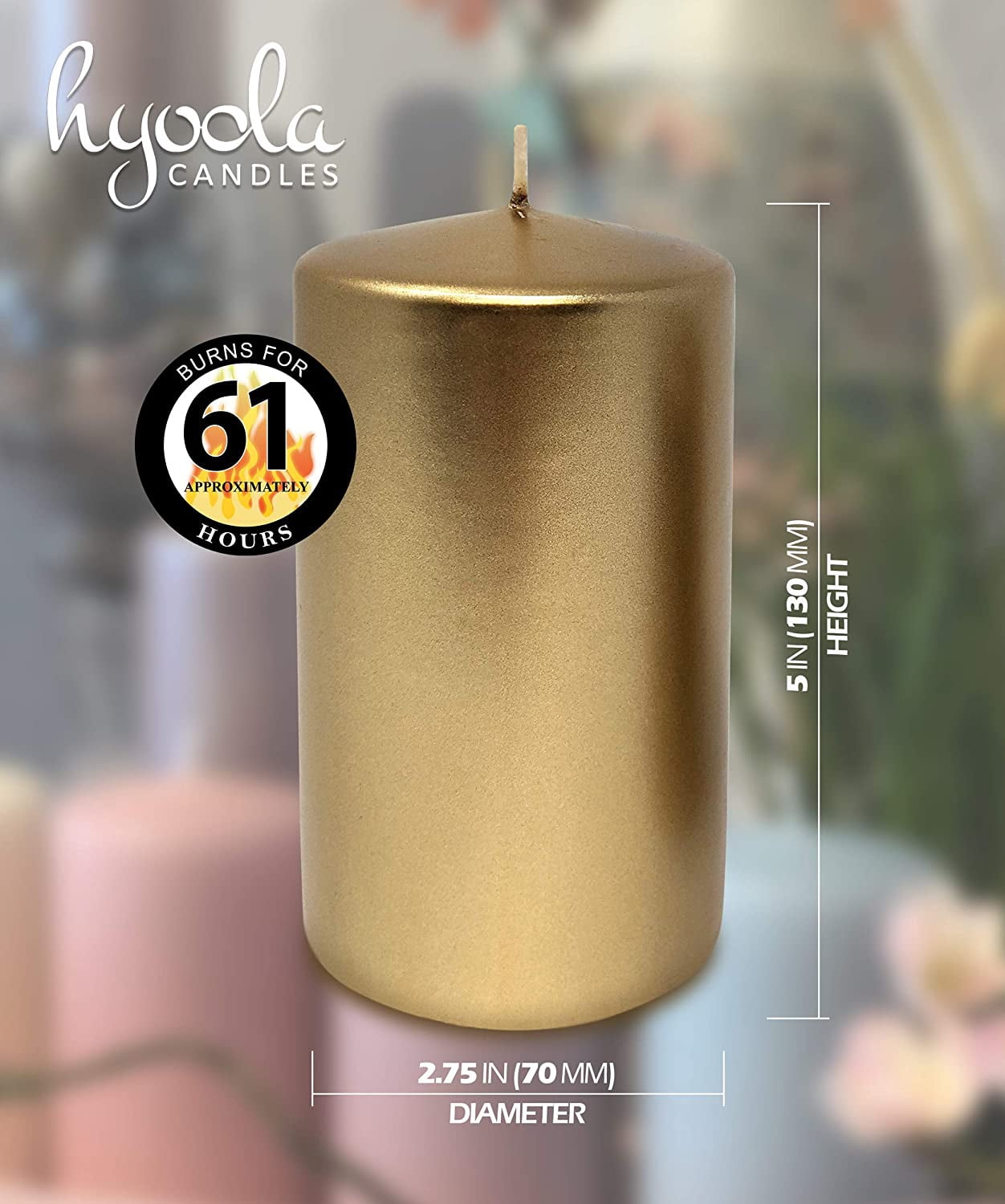 Hyoola 2.75 x 5 inch Metallic Antique Gold Unscented European Made Pillar Candles, Paraffin Wax with Cotton Wicks, 6-Pack