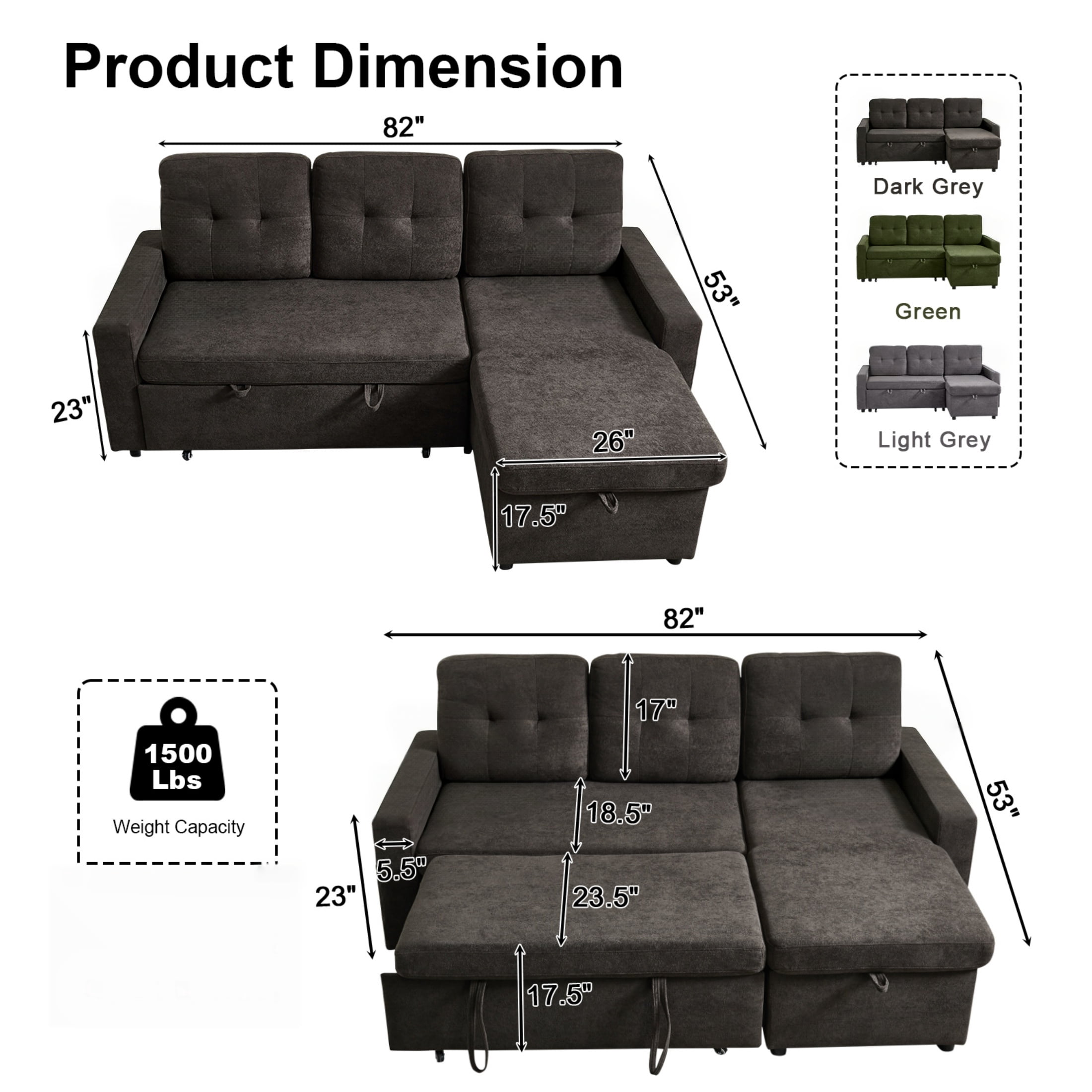 ShiKeyi 82" L Shaped Sleeper Sofa Bed, Sectional Sleeper Couch with Pull Out Bed, 3 Seat Convertible Sofa Bed with Storage Chaise, USB Charging Ports for Living Room, Dark Grey Terry Cloth