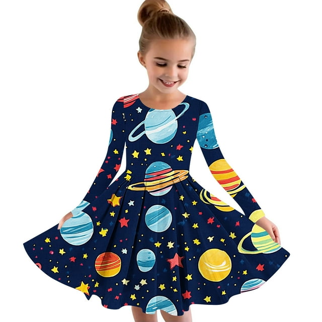 Odeerbi Niñas Vestido de Patinadora Floral Acampanado Vestidos de Princesa 4-14 Años Niñas Vestido de Patinadora Cuello Redondo Vestido de Manga Larga