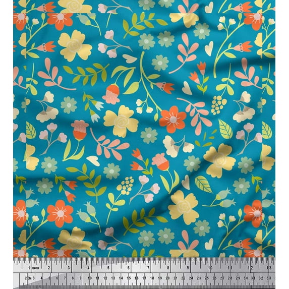 Soimoi Blue Cotton Duck Fabric Leaf Floral Decor Fabric Printed Yard 42 Inch Wide