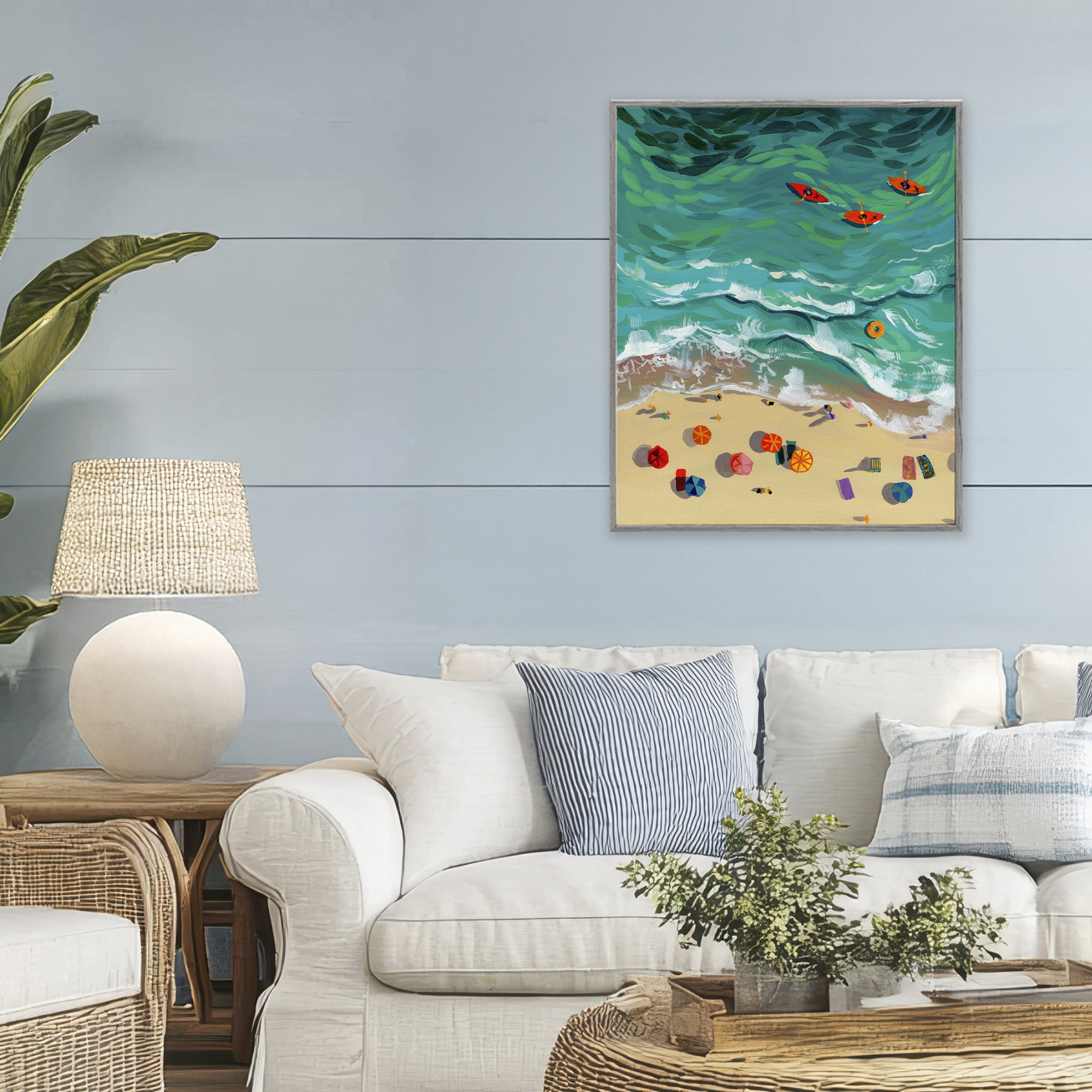 Stupell Industries Three Kayaks in Turquoise Waves Gray Framed Giclee Art, design by Brook Page