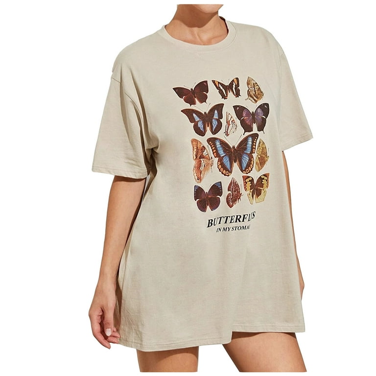 Neck Butterfly MY Round Short Tops IN STOMACH T-shirt Casual T-shirt Pullover Fridja BUTTERFLIES Women Printed Sleeve