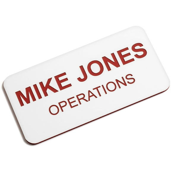 Custom Engraved Name Tag Badges – Personalized Identification with Pin or Magnetic Backing, 1.5 Inches x 3 Inches, White/Red