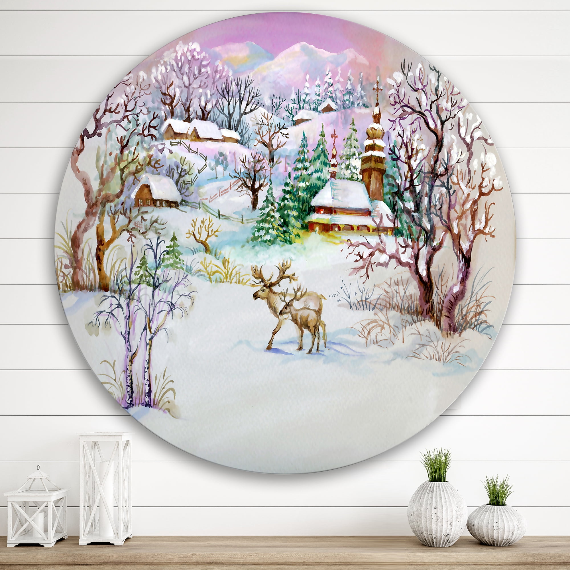 Designart 'Winter VIllage Life Landscape' Traditional Circle Metal Wall Art 36x36 - Disc of 36