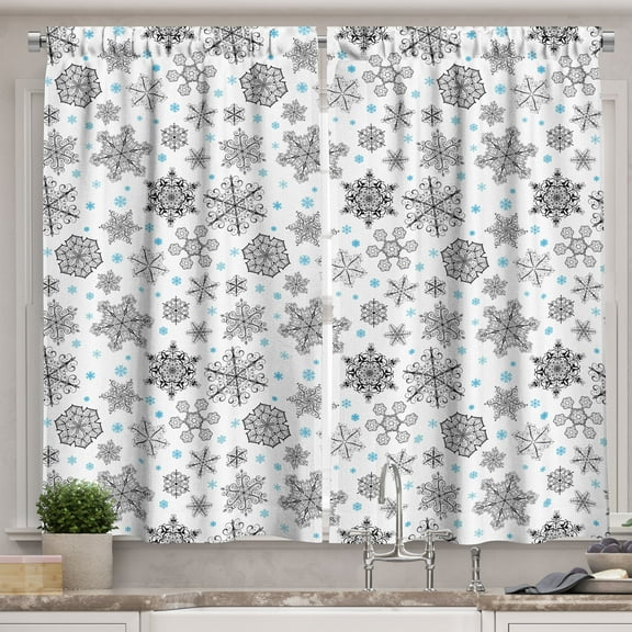 Ambesonne Snowflake Kitchen Curtains, Lace Style Winter, 55"x39", Blue Black White