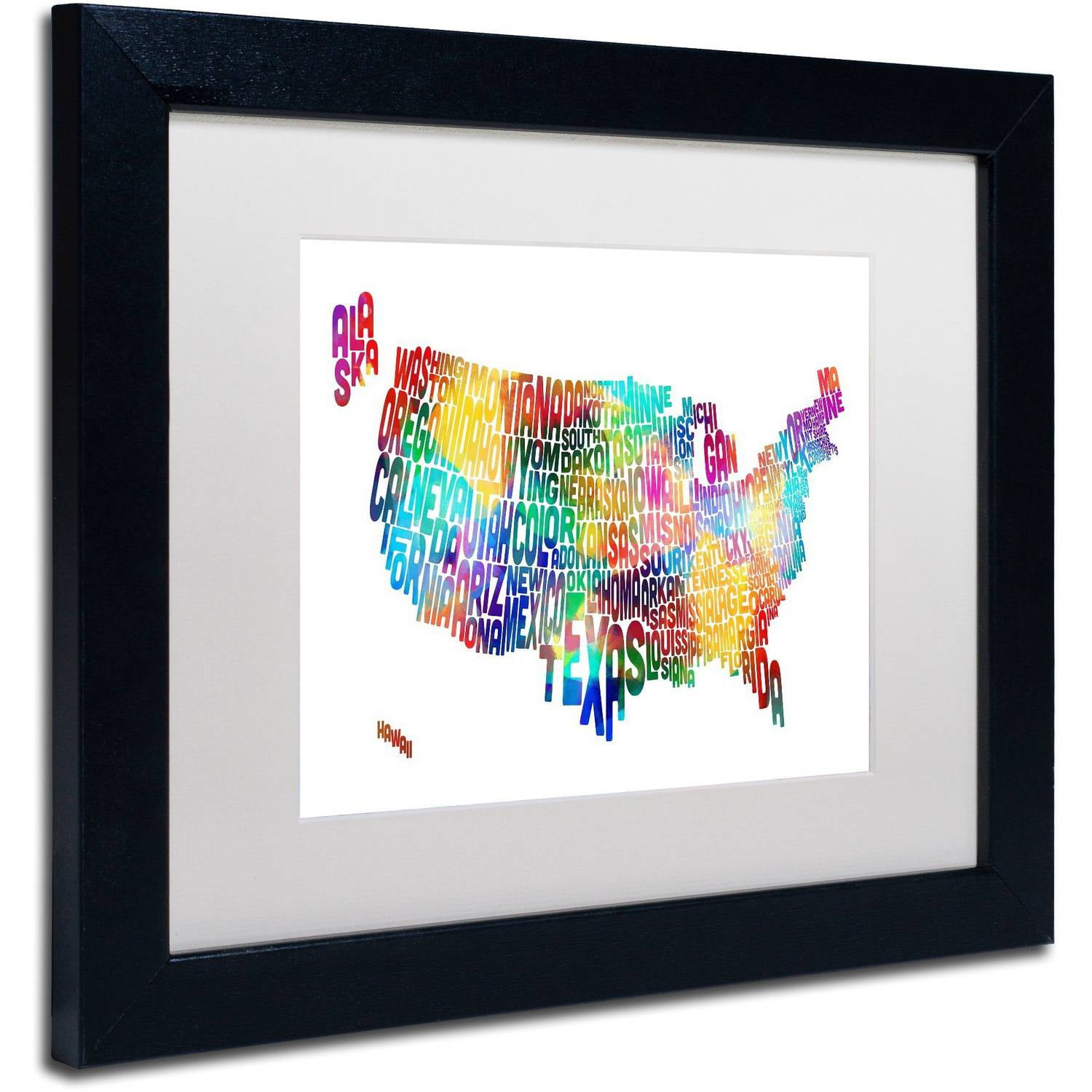 Trademark Fine Art 'United States Typography Map 2' Canvas Art by Michael Tompsett, White Matte, Black Frame