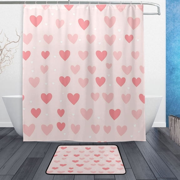 Bath Curtain & Non-Slip Bath Mat Set 12-Grommet Shower Curtain Memory Foam Bath Rug Pink Love Heart
