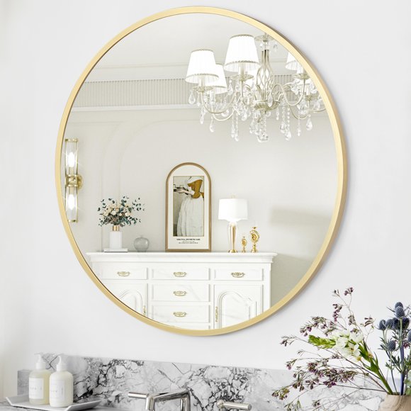 Aoile 32 inch Round Mirror for Wall Decor, Gold Metal Frame Circle Mirror for Living Room, Bathroom, Entryway, Rustic