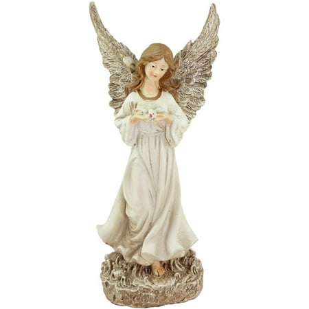 11" White Serene Angel with Dove Outdoor Patio Garden Statue