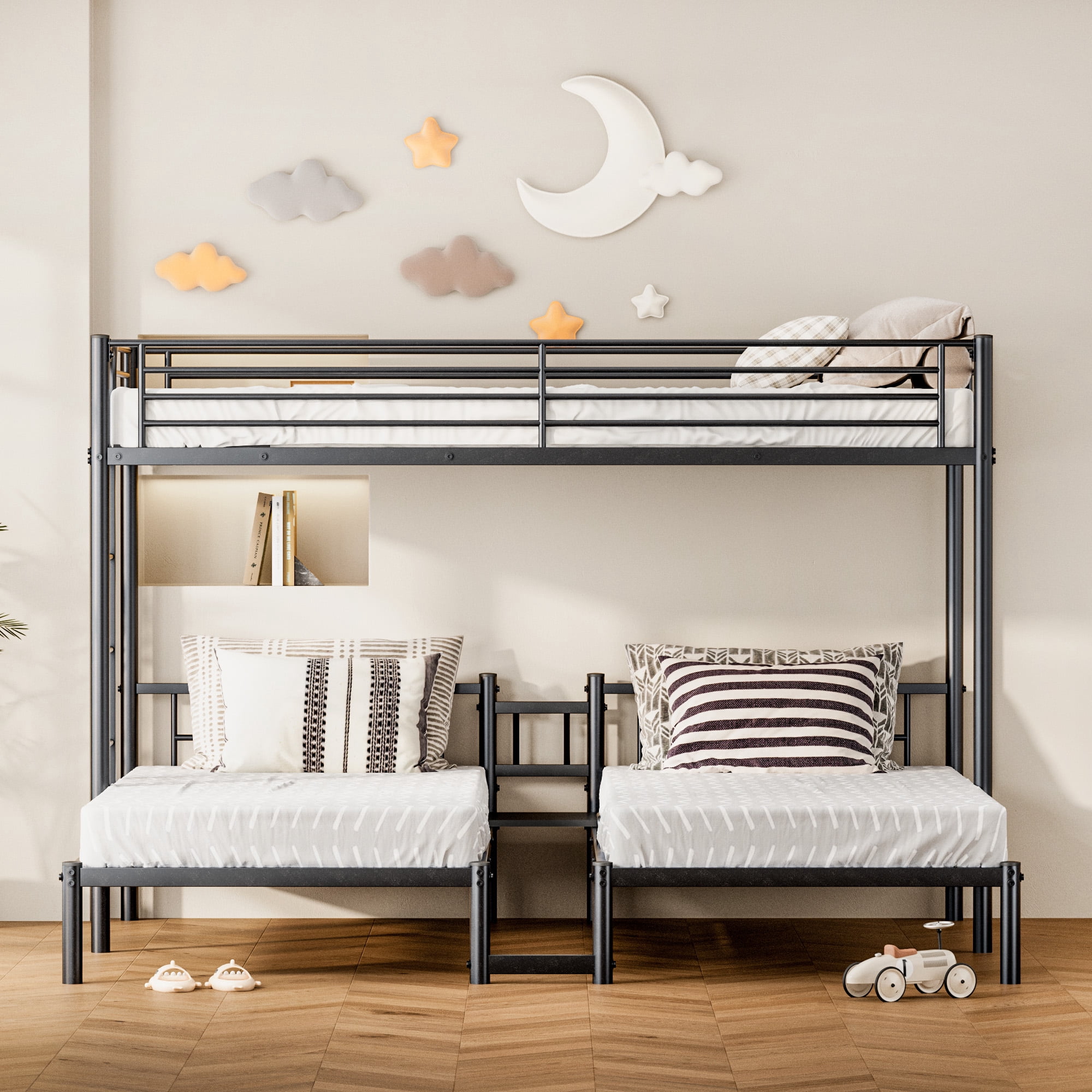 Leumius Metal Triple Bunk Bed Twin XL Over Twin Over Twin,Heavy Duty Triple Bunk Bed Frame for 3 Kids/Teens,Metal Bunk Bed Frame w/Under-bed Storage, No Box Spring Needed,Black