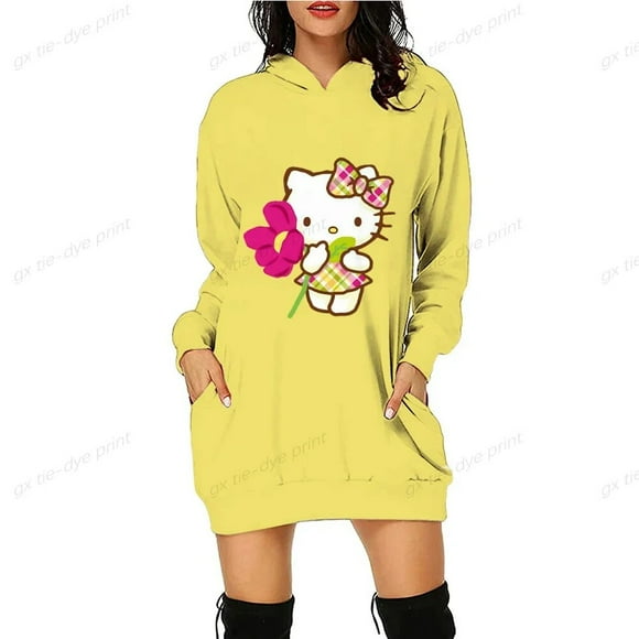 Japan Anime Hoodies Dresses Women Sweatshirts Hello Kitty Print Autumn Long Pocket Print Sweatshirts Tops Casual Ladies Pullover HOEMLIN