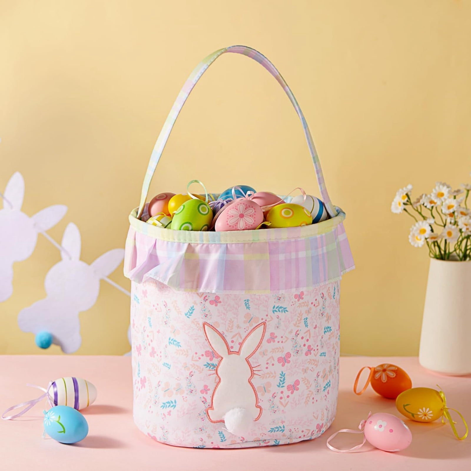 REZUOFI 4 Pcs Easter Basket with Ruffled Design Floral Pattern Storage Tote Bag for Egg Hunt Party Decoration Home Organizer Reusable Foldable Carryall