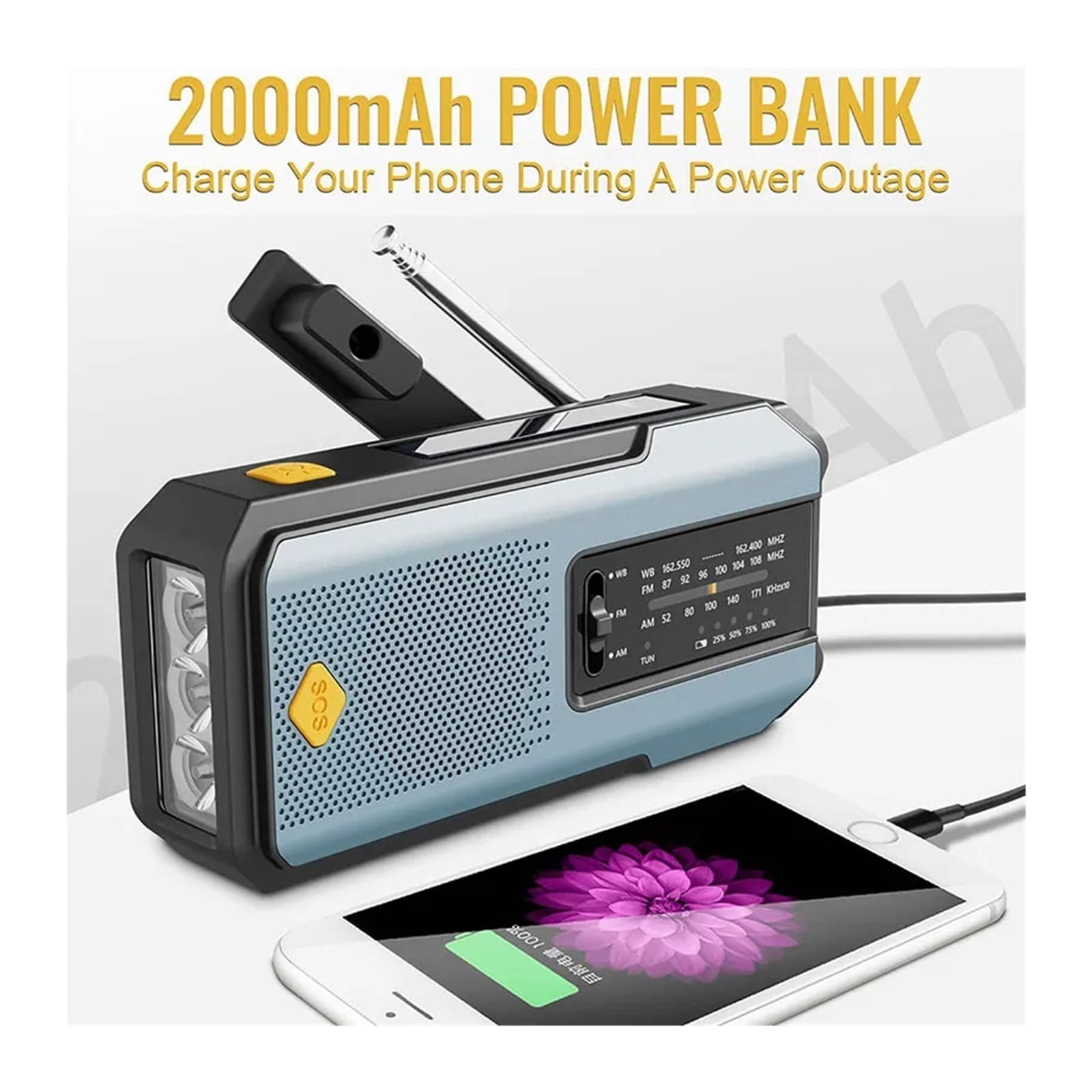 Multifunctional Radio Hand Crank Solar USB Charging FM AM WB 2000mAh Weather Radio Emergency LED Flashlight Torch Power Bank