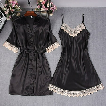 

QWZNDZGR Satin Robe Sets Women Elegant Long Sleeve Kimono Silk Bathrobe Home Clothes Suit Nightwear Homewear Sexy Lace Nightgown Nightie