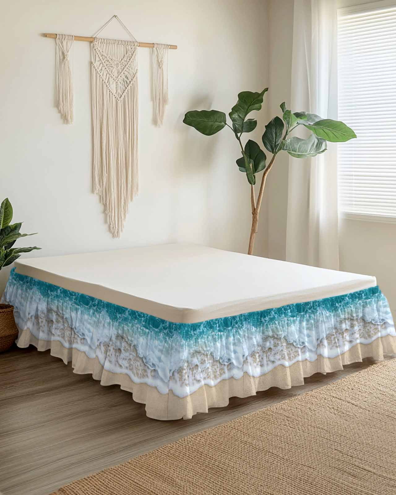 Ocean Beach Bed Skirt Queen Size 16" Drop Summer Sand Waves Nature Ruffled Wrap Around Bed Skirts Adjustable Elastic Bedskirt Dust Ruffle for Queen Size Bed