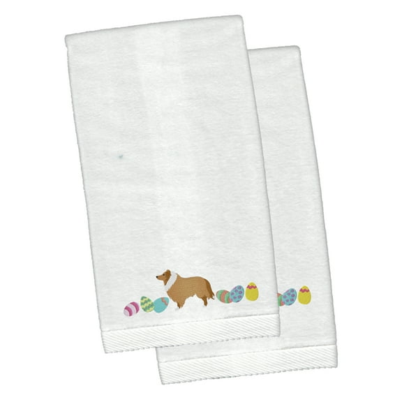 Collie Easter White Embroidered Plush Hand Towel Set of 2