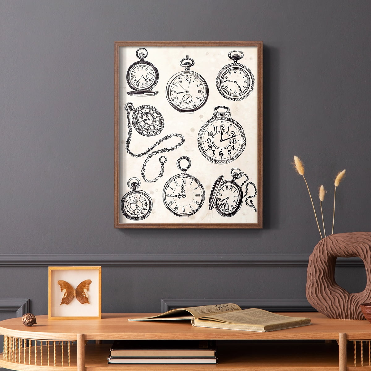 Pocket Watch Sketches II in Brown Solid Wood 11 x 14 Framed Print