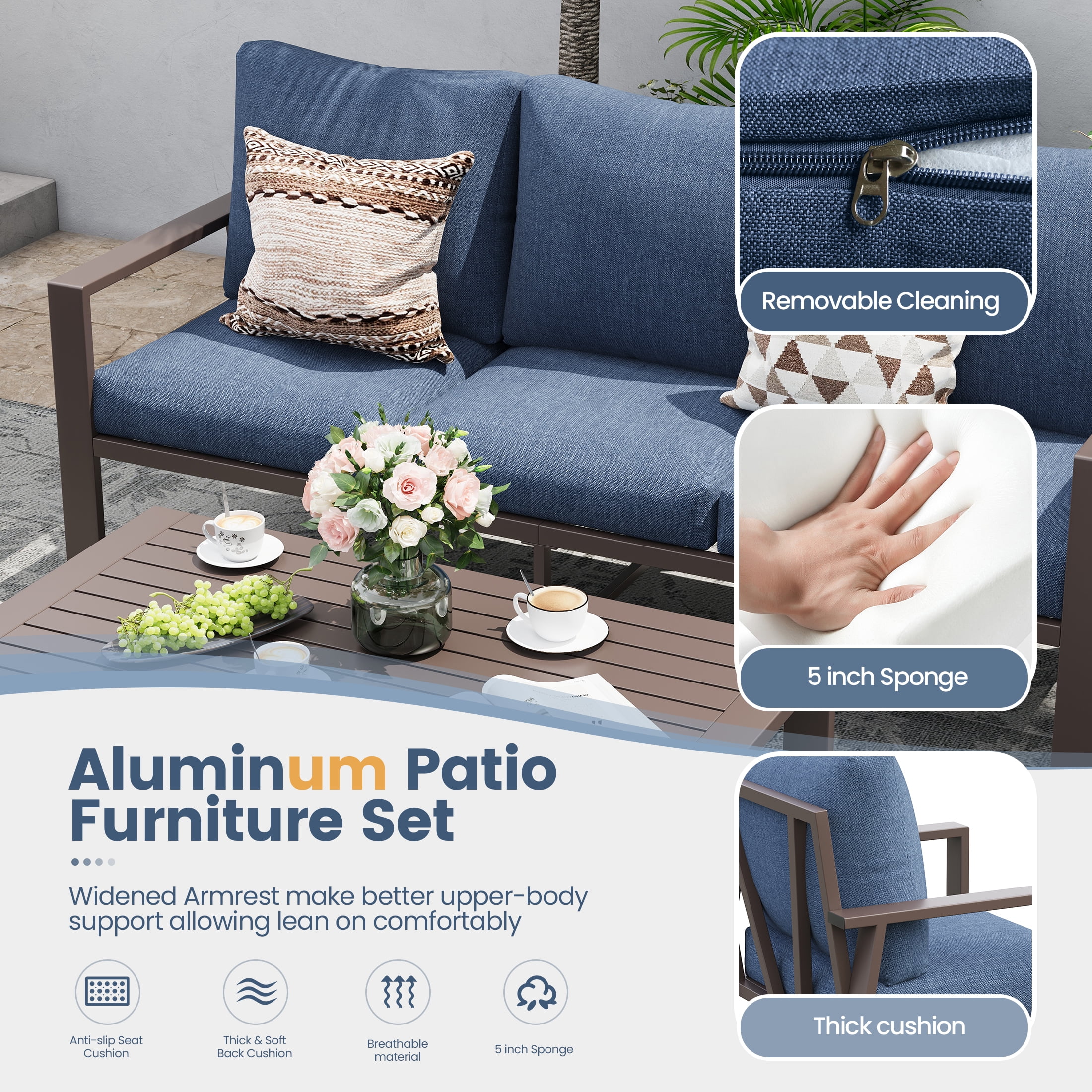 UDPATIO Aluminum Patio Furniture Set, Contemporary Outdoor Couch Set, Aluminum Patio Conversation Set, Blue