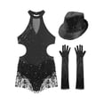 thumbnail image 5 of Xnihocha Women Sequins Tassel Latin Dance Dress Fringed Leotard+Gloves+Hat Tango Jazz Dance Outfit Black XL, 5 of 7