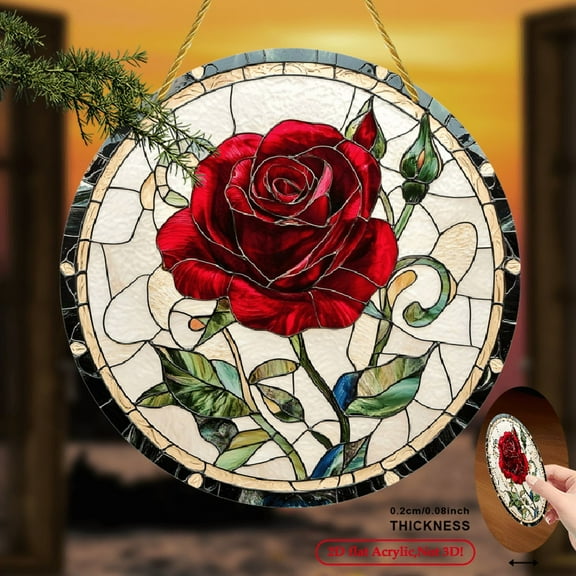 2D Flat, Bohemian Style Romantic Rose Light Catcher  Round Acrylic Wall Art with Vibrant 2D Printed Red Roses & Green Leaves, Stained Glass Effect Home Decor for Weddings,  CWC-Acrylic 8*8inch