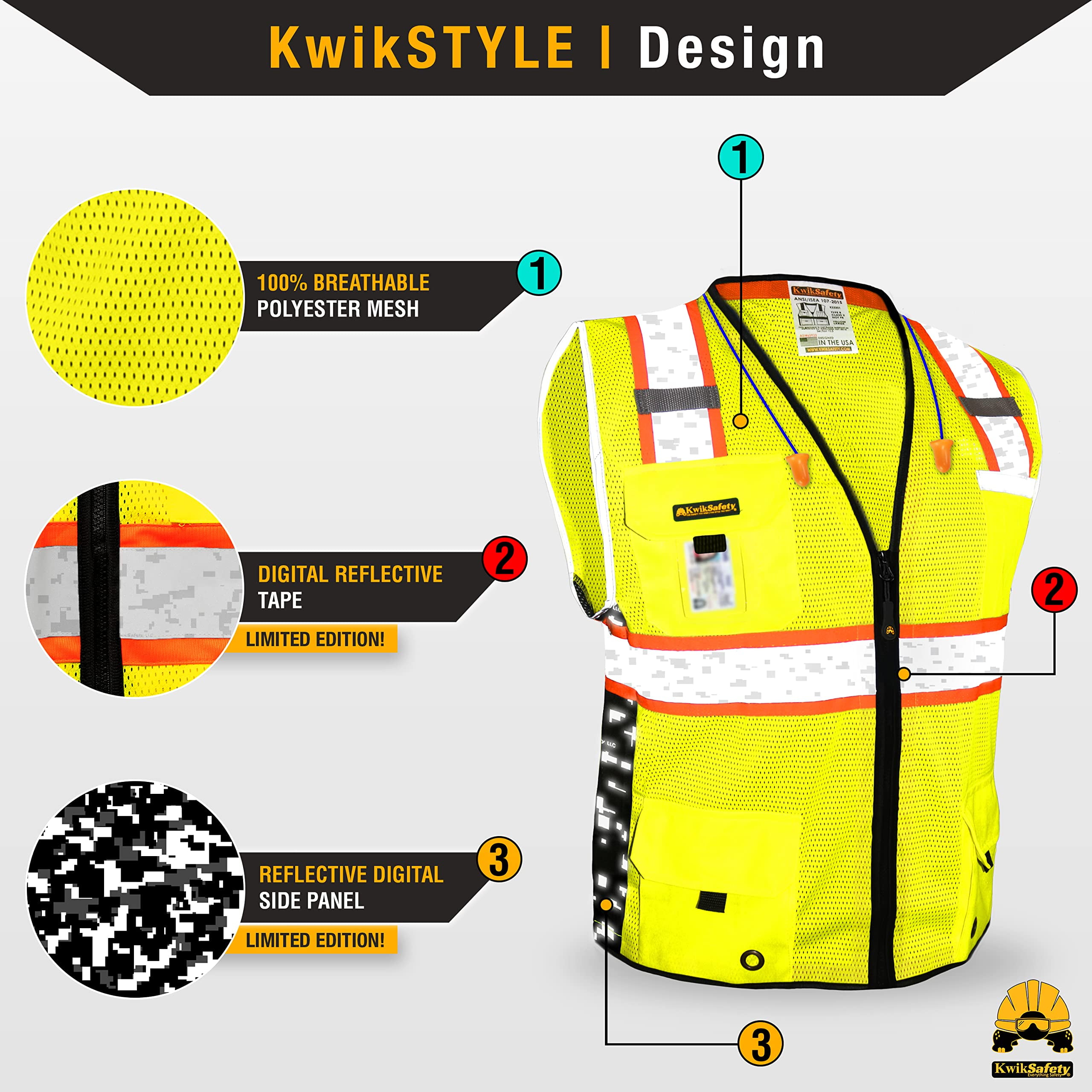 KwikSafety (Charlotte, NC) BIG KAHUNA DIGITAL Safety Vest (LIMITED EDITION) ANSI Class 2 OSHA Reflective High Visibility Heavy Duty Surveyor Construction Mesh Vis Zipper Men Work | Yellow 2X-Large