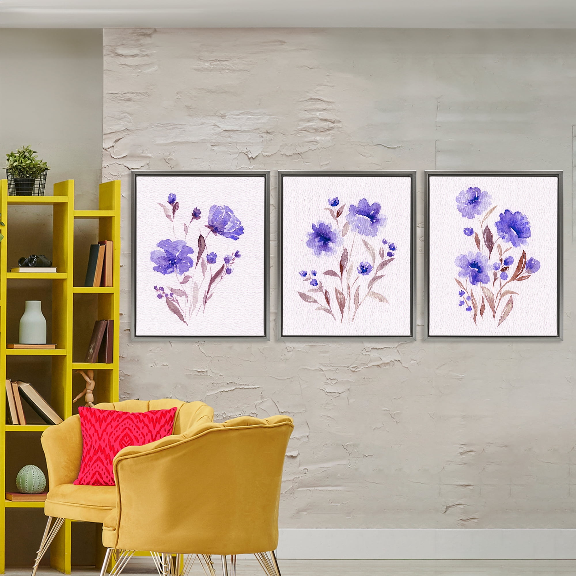 Stupell Industries Watercolor Purple Blooms 3 Piece Gray Framed Floater Canvas Set, design by Leah Noel Art