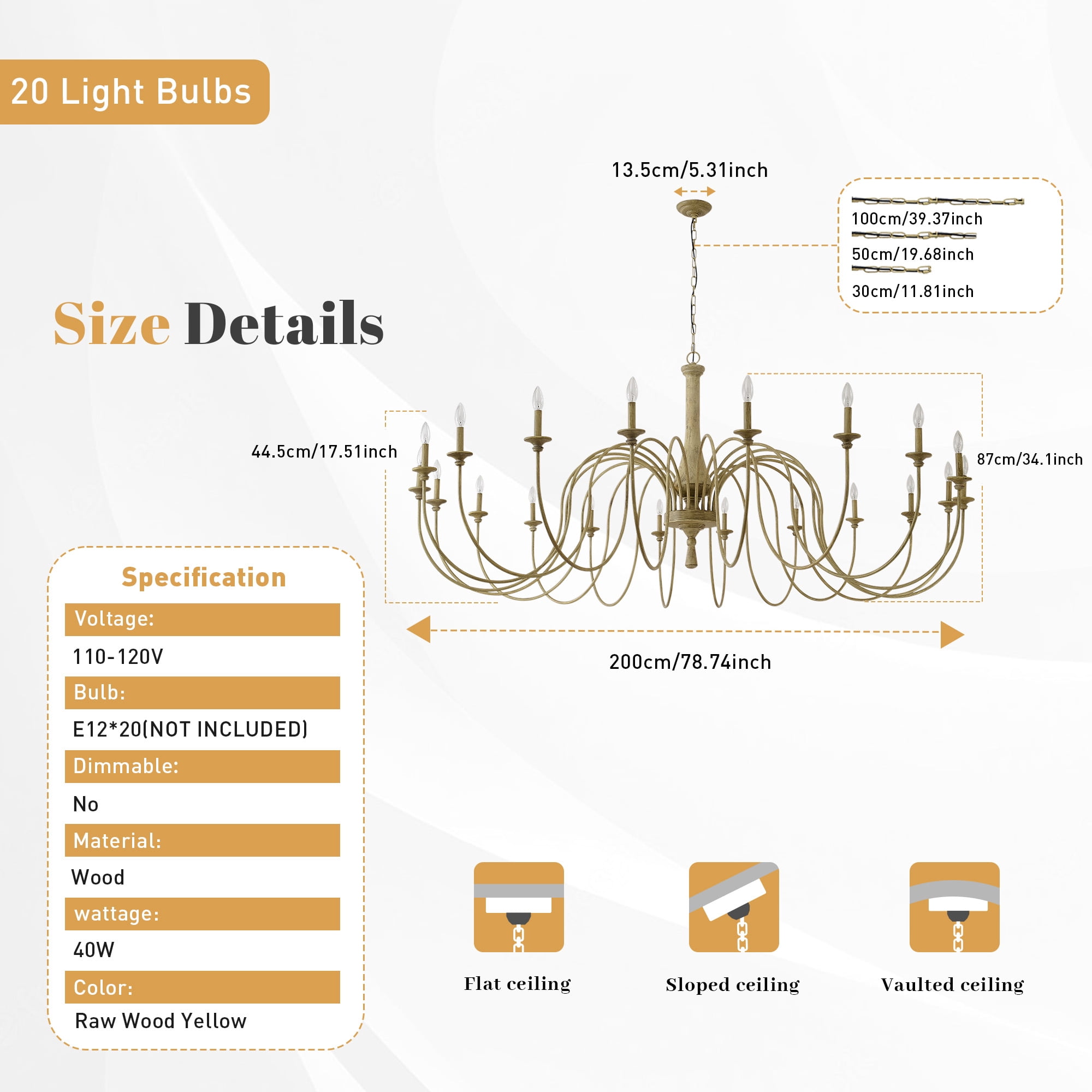 20-Light Farmhouse Chandelier, 78.74" Monumental Rustic Solid Wood Candle Pendant Light with Antique Finish | Dimmable French Country Ceiling Fixture for Grand Ballroom