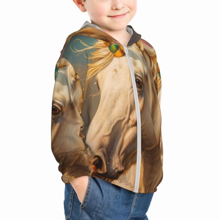 

Uemuo Rainbow White Horse Pattern Rash Guard for Boys Girls Long Sleeve Swim Shirts UPF 50+ UV Sun Protection Hooded Fishing Shirt with Pocket for Kid-2 Years